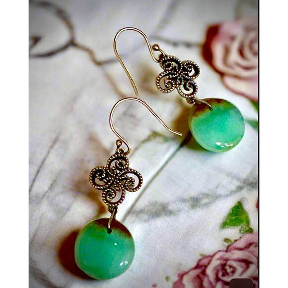 Green Brown Chrysoprase Round Dangle Sterling Silver Earrings 2” Long - Picture 4 of 7